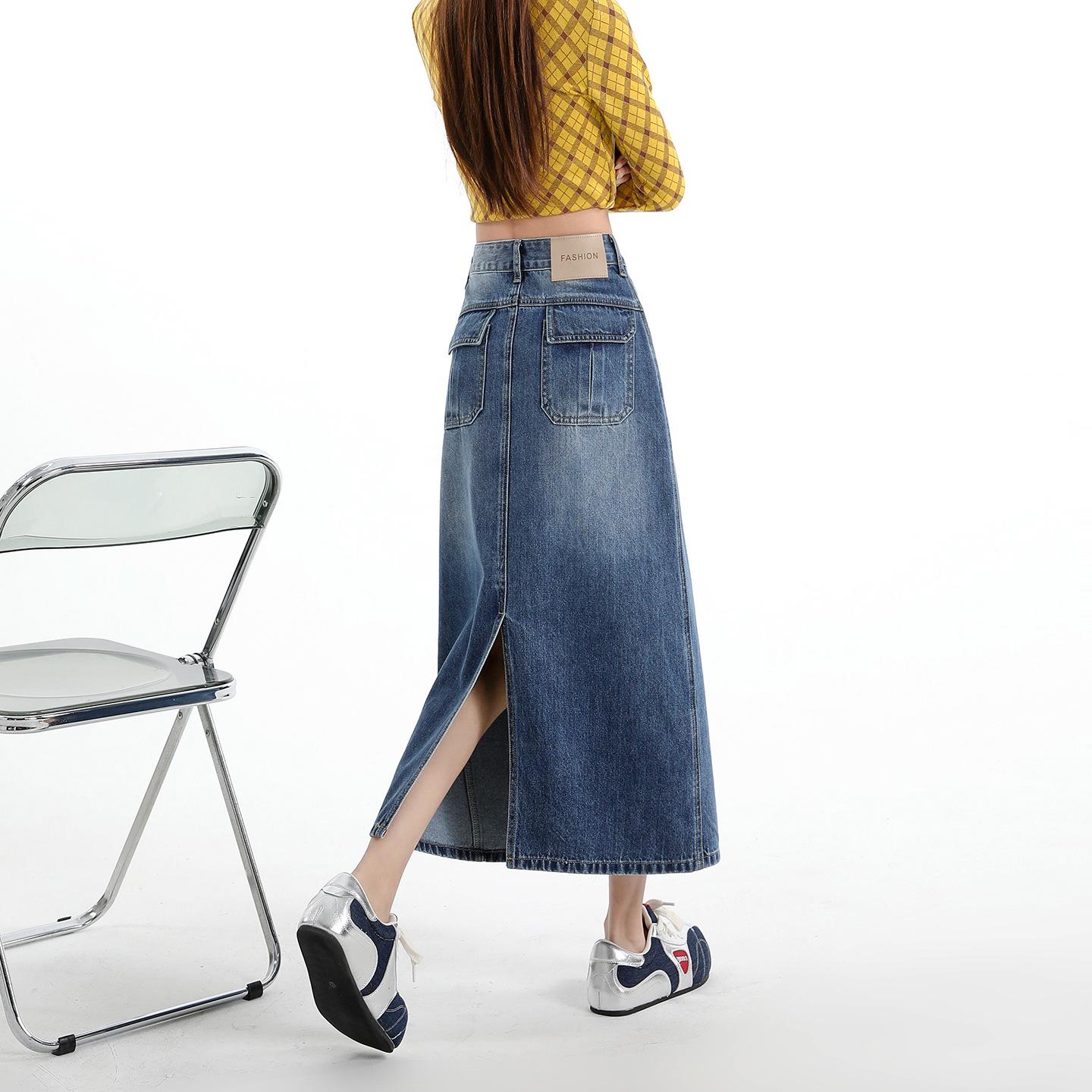 

Women s High-Waisted Retro Denim Midi Skirt - Spring 2026 Style with Slit Design, Slim & Hip-Hugging Fit L