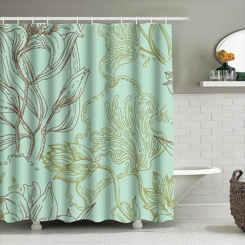 Modern Flower Shower Curtain, Waterproof Fabric Decorative Bathroom Curtains For Home Decoration Aqua Green With Gold Print