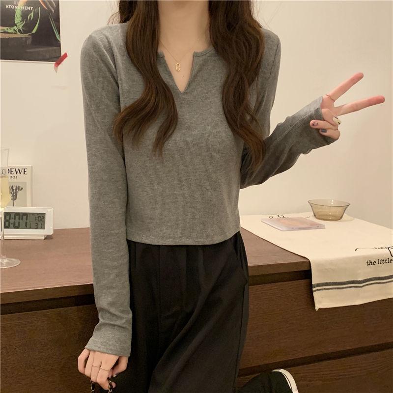 Dámský top s výstřihem do V, dlouhým rukávem, slim fit, podzim 2023, korejský styl