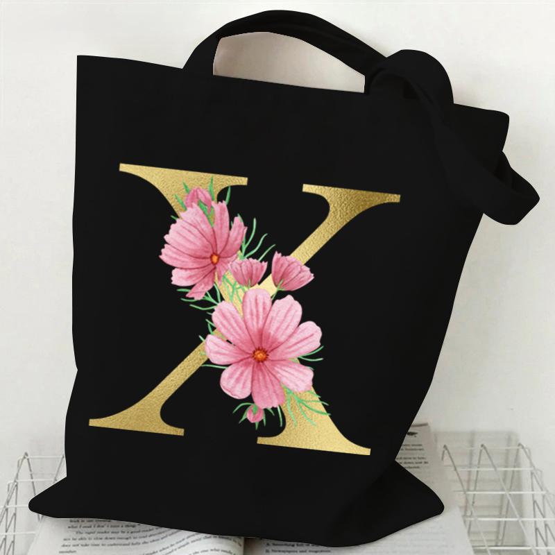 26 Golden Alphabet Floral Tote Bags for Women Large Capacity Canvas Casual New Flower Alphabet Printed Female Reusable Handbag