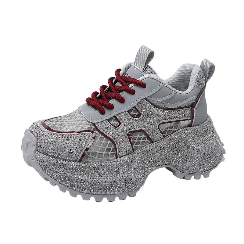 Fashion Luxury Designer Women's Shoes New Rhinestone Women's Sneakers Breathable Hollow Mesh Casual Platform Shoes Zapatos Mujer 7 Cm