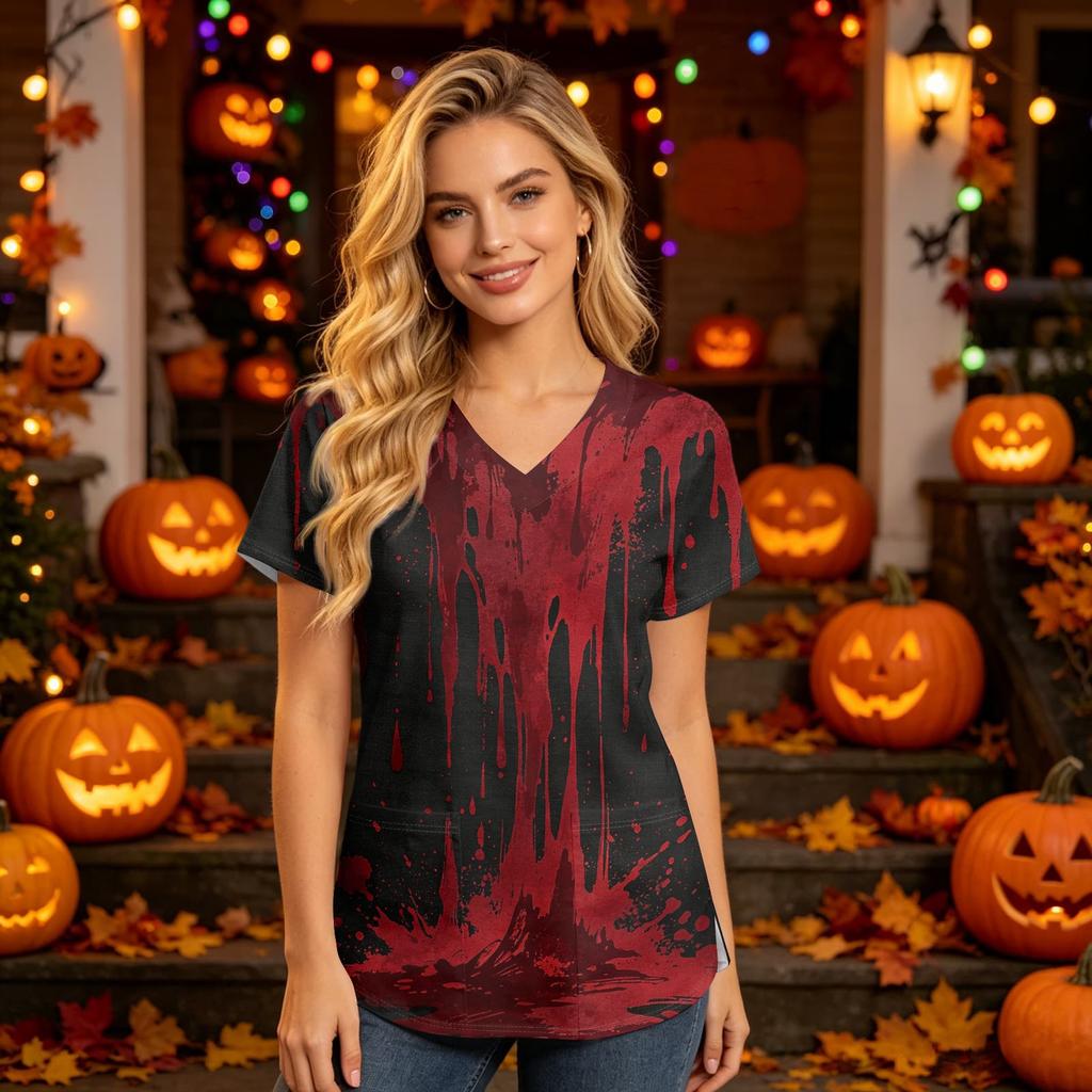 Women's V Neck Short Sleeve Work Top with Pockets Halloween Print Medical Uniform for Caregivers and Healthcare Professionals