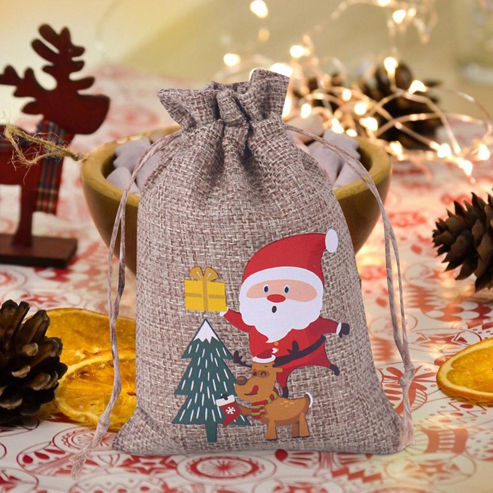 10Pcs Christmas Linen Gift Bag Santa Claus Jewelry Chocolate Candy Storage Gift Bag for Children Christmas Party