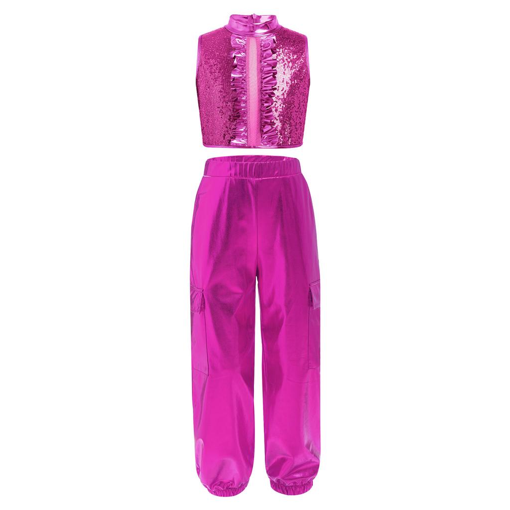 Mädchen Jazz Dance Outfit Rollkragen Ärmellos Pailletten Metallisches Patchwork Rüschen Crop Top Glänzende Hose