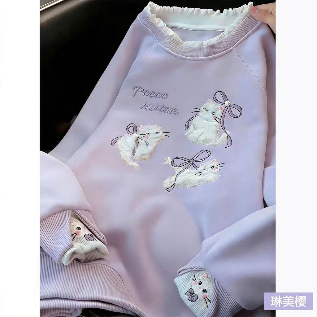 Mädchen Frühlings-Herbst Kapuzenpullover mit süßer Katzenstickerei, Look wie zweiteilig, Lässiges Oberteil
