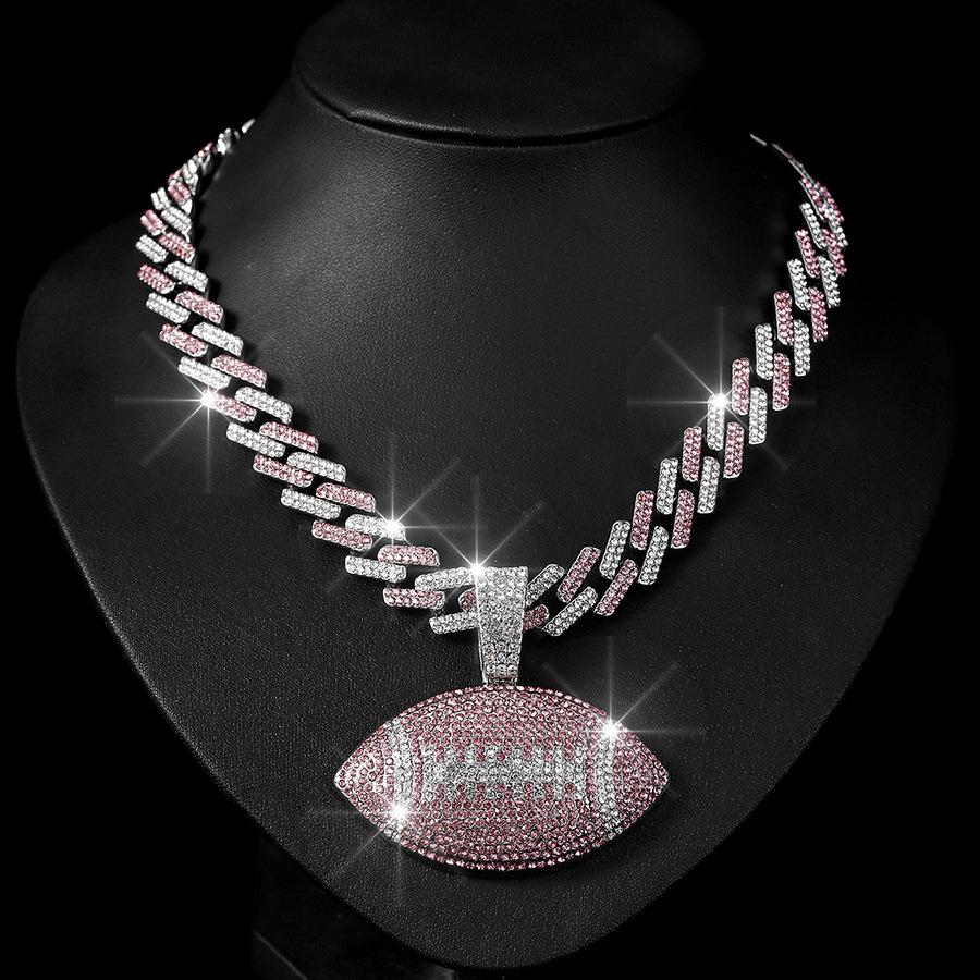 TEMU Hot Selling Full Diamond Colored Rugby Alloy Pendant, European and American Hip-hop Colored Cuban Chain Men's Necklace