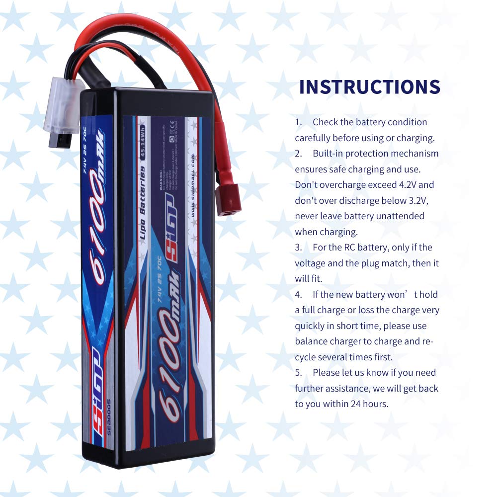 SIGP 2S 7.4V LiPo 6100mAh 70C Hard Case with Dean T Plug for RC Car Truck Boat Vehicle Tank Buggy Racing Hobby