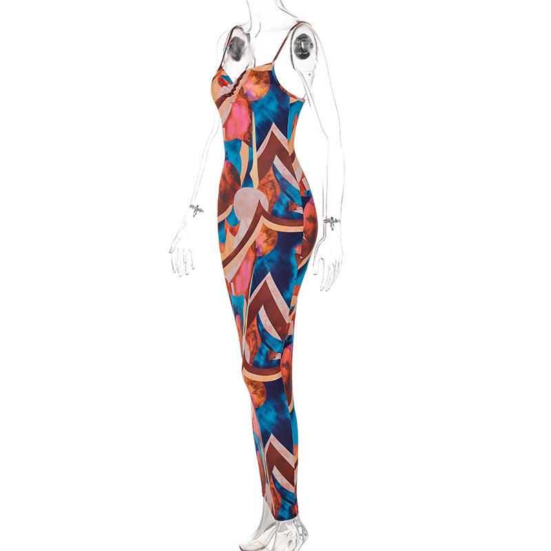 Vestito da donna primaverile senza maniche con stampa senza spalline, estivo, casual, sottile, alla caviglia, senza schienale, a vita alta, con spacco