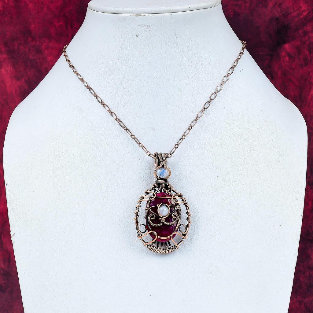 Evil Eye Faceted Kashmir Ruby Pendant Copper Wire Wrapped Gemstone Jewelry