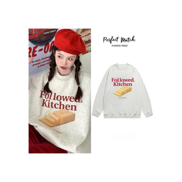 Oversize sweater women s winter clothing dessert printing fleece crew neck loose outer wear versatile winter clothing 3XL 1830₽