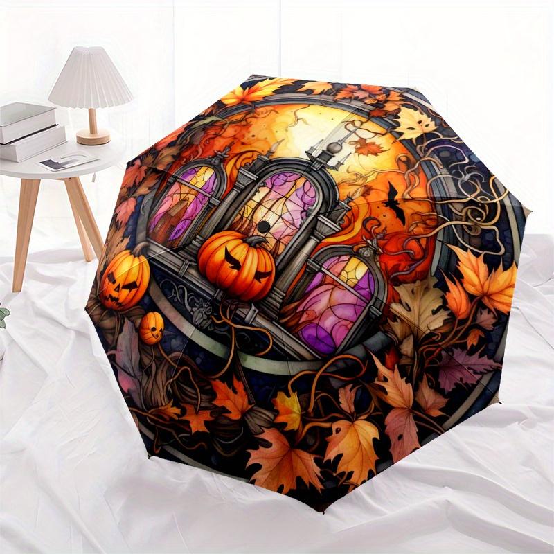 Halloween Stained Window Decor: Spooky Pumpkins & Autumn leavesUmbrella, Portable 3-Fold Compact Umbrella,Christmas Gift ES463