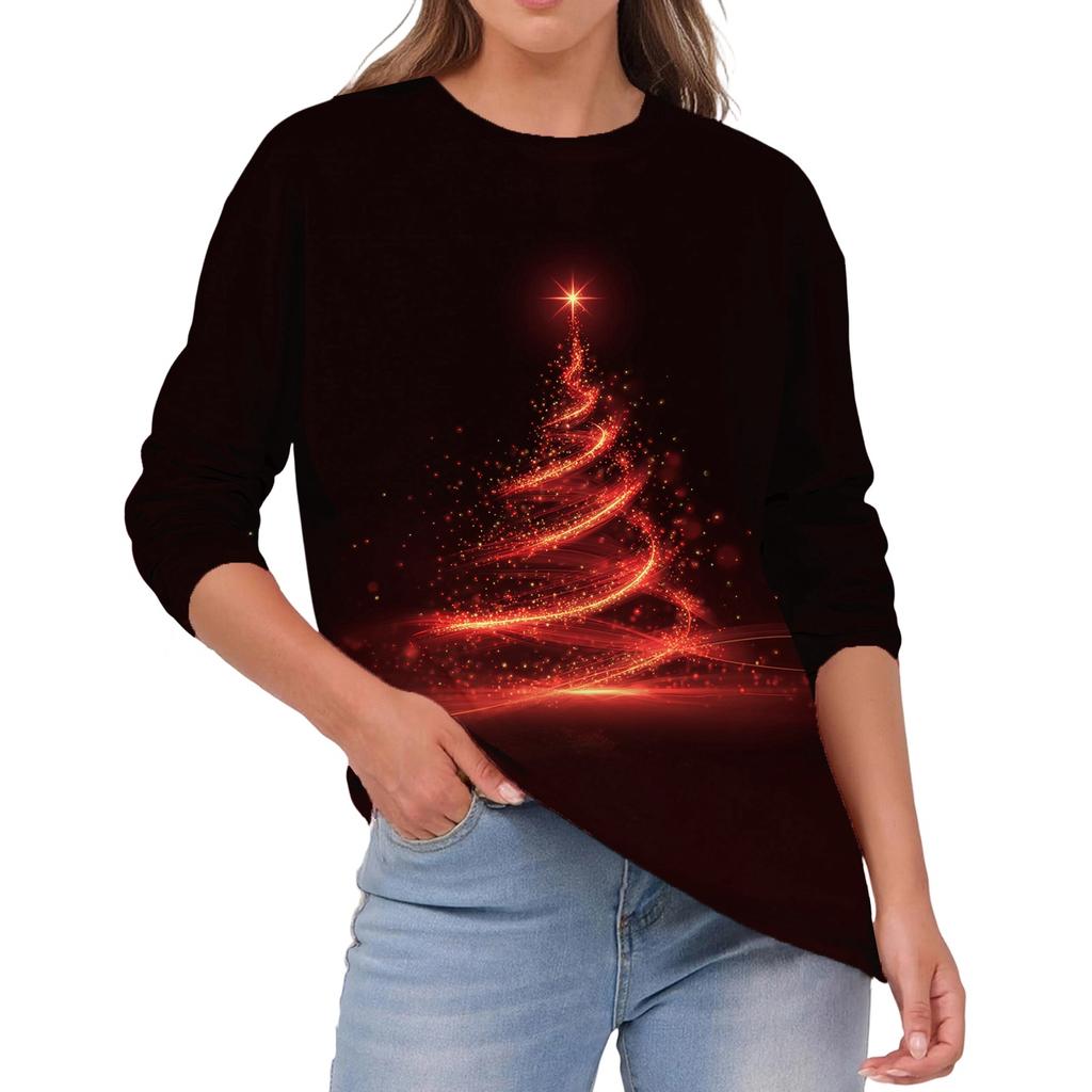 Women's Fashion Casual Christmas Print Round Neck Solid Color Long Sleeve Top