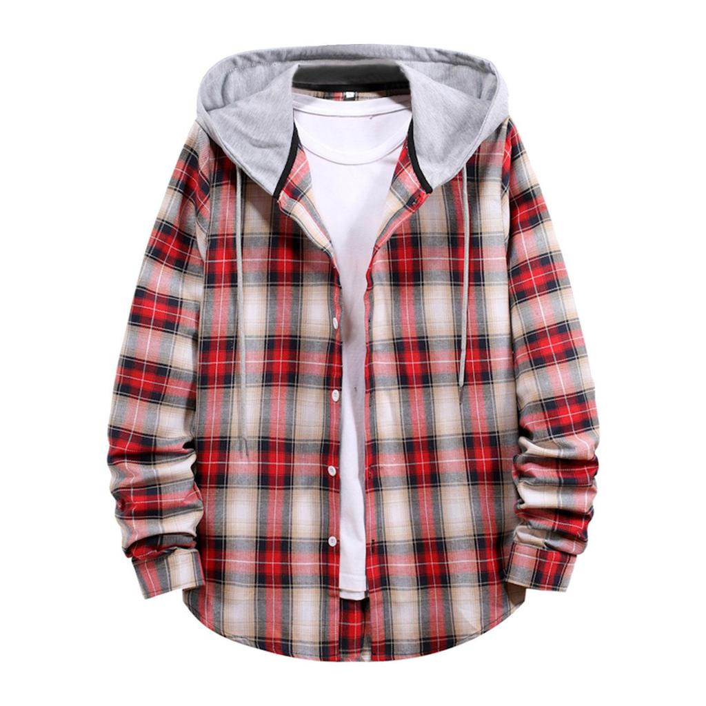 Men Casual Plaid Shirt Hooded Shirts Oversized Casual Shirt Men's Clothes European American Style Handsome Holiday Checked Shirt