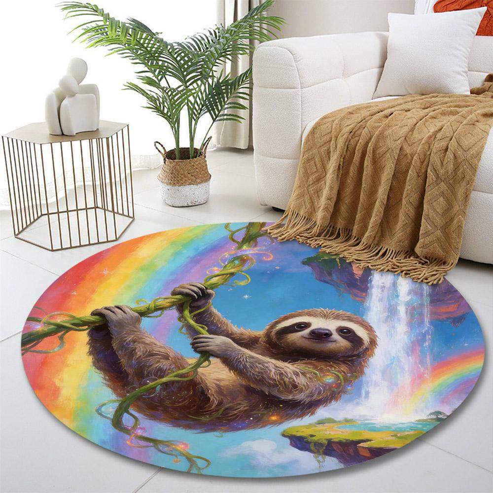 "Sloth Swinging in Rainbow Paradise" Print round rug, living room, bedroom, playroom carpet, non slip floor mat, gift