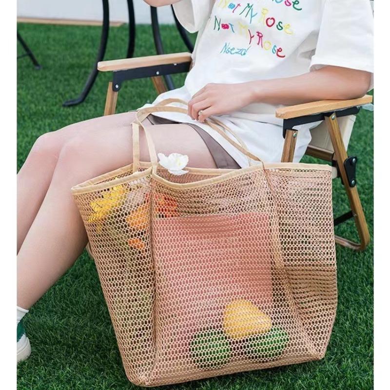 1pcs Mesh Beach Bag  Women's Shoulder Tote Bag  Large Capacity Foldable Mesh Swim Bag with Pocket Bag