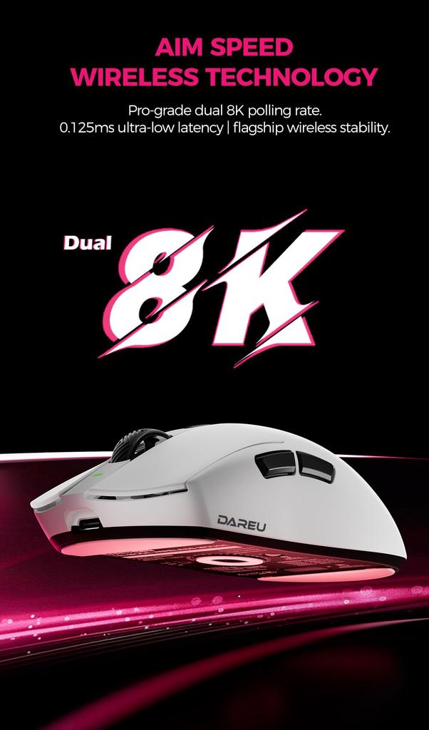 DAREU AE6PRO Wireless 8K Gaming Lightweight Advanced PAW3950 Symmetrical Ergonomic Charging Stand Mouse, Quasi-Molecular Coating, 59g, 30,000 DPI,