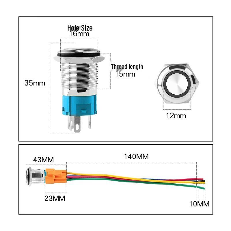 16mm Flat Metal Push Button Switch with LED Ring Light