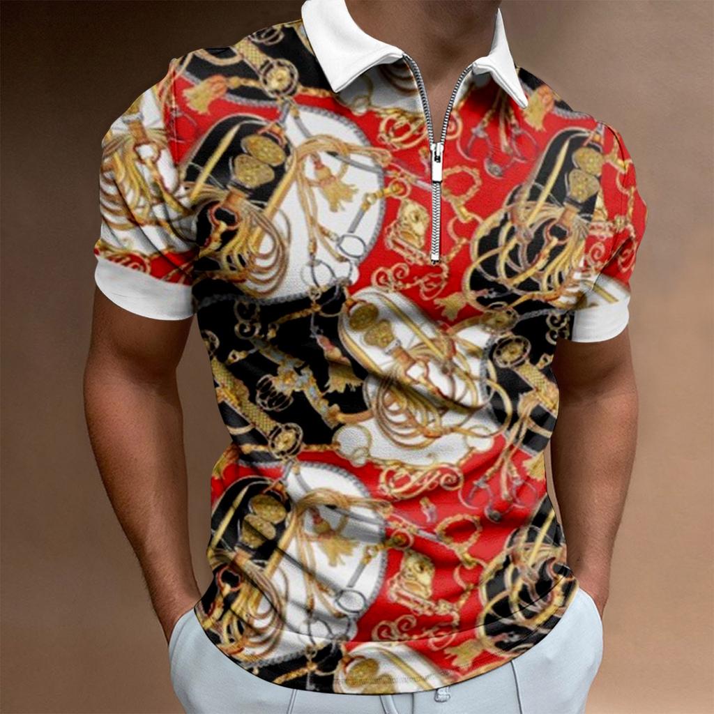 Work Clothes Creative Stripe 3D Printing Men's Short-sleeved Zip Shirt