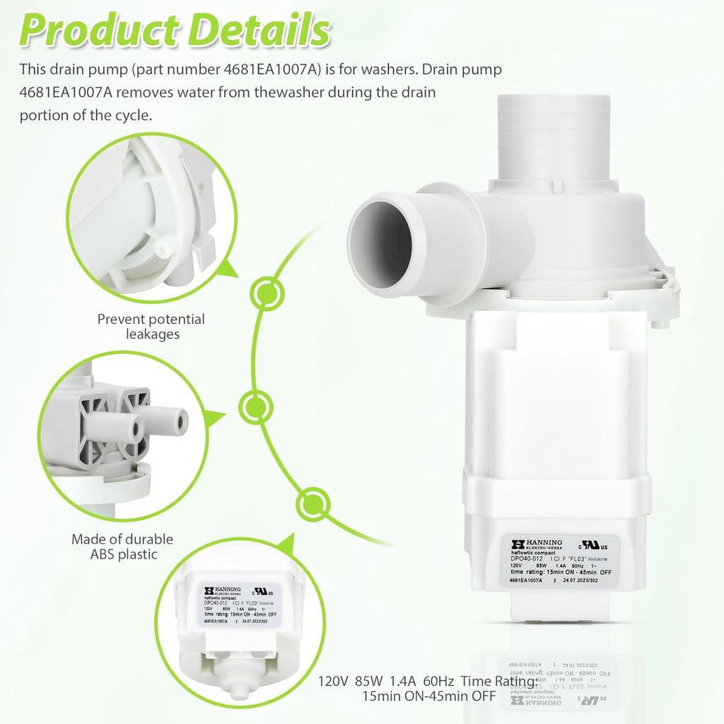 DP040-012 4681EA1007A Washer Pump (OEM) Compatible with Lg WT1101CW WT1201CV WT1201CW WT4870CW WT1501CW WT5270CW, Kenmore 796.31513210, Part Number: