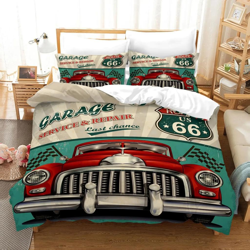 Cars Duvet Cover Traditional Old Car Race Nostalgic American Car Bedding Set Classic Cars Polyester Quilt Cover for Boys Teens