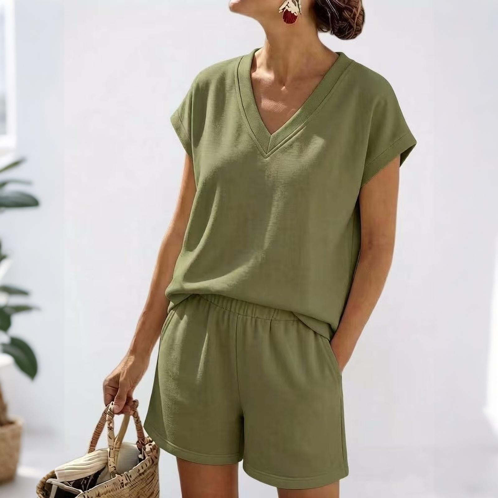 Women’s Loose Fit Short Sleeve Top and Shorts Set V Neck Relaxed Loungewear Two Piece Outfit for Daily Wear L