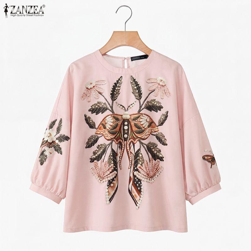 ZANZEA Camicetta casual da donna con scollo tondo e maniche a 3/4, ampia e stampata