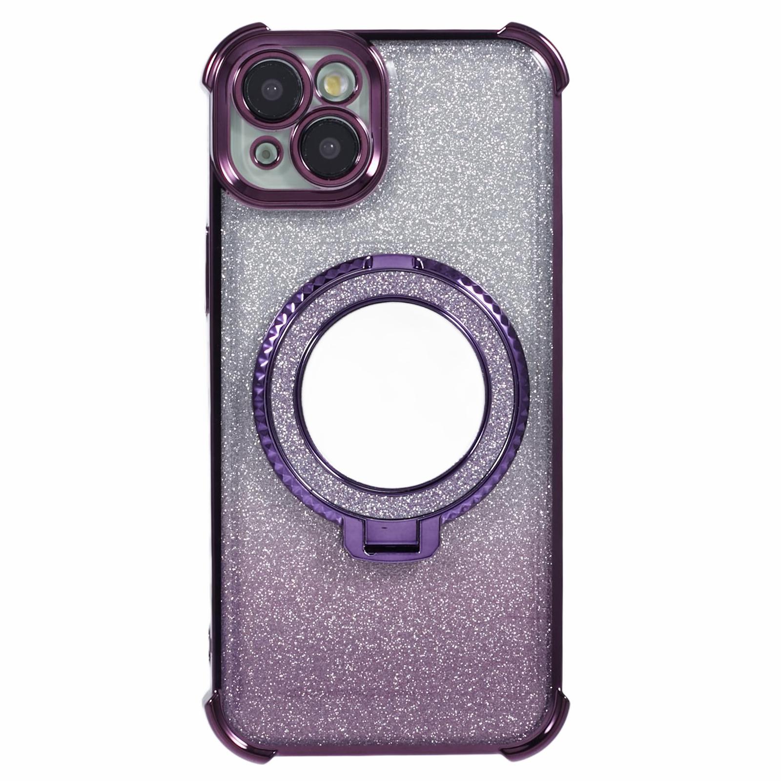 

For iPhone 14 Case Heart Pattern Edge Glitter TPU Phone Kickstand Cover with Round Mirror Dark Purple