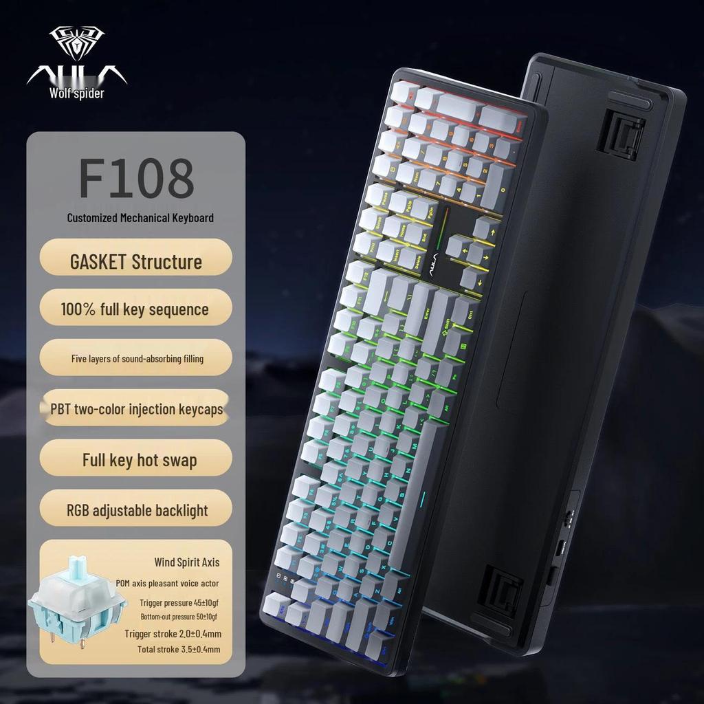 Tarantula F108pro Kabellose Bluetooth-Mechanische Esports-Tastatur mit drei Modi und Anpassungsoptionen: Farbverlauf, Heiß-Swap-fähig, Seitenbedruckt.