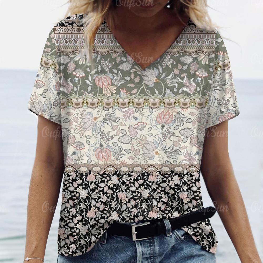 Vintage Damen T-Shirt Ethnischer Blumendruck Übergroße Bluse Damen Trendige Kleidung Mode Kurzarmshirt Damen V-Ausschnitt Hund