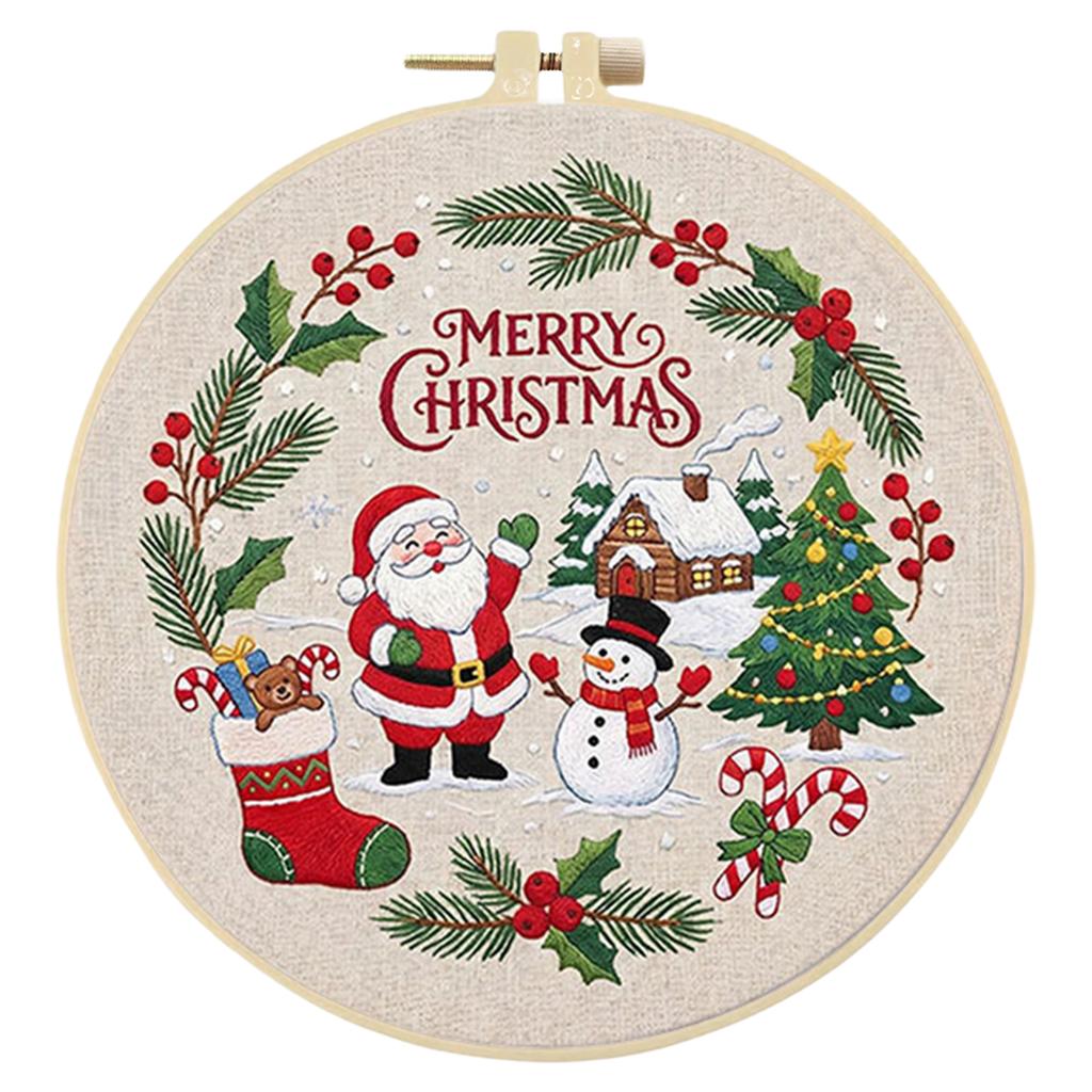 Christmas Embroidery Craft Set DIY 30x30cm Cotton Printed Fabric with 20cm Hoop Thread Needle Beginner Kit