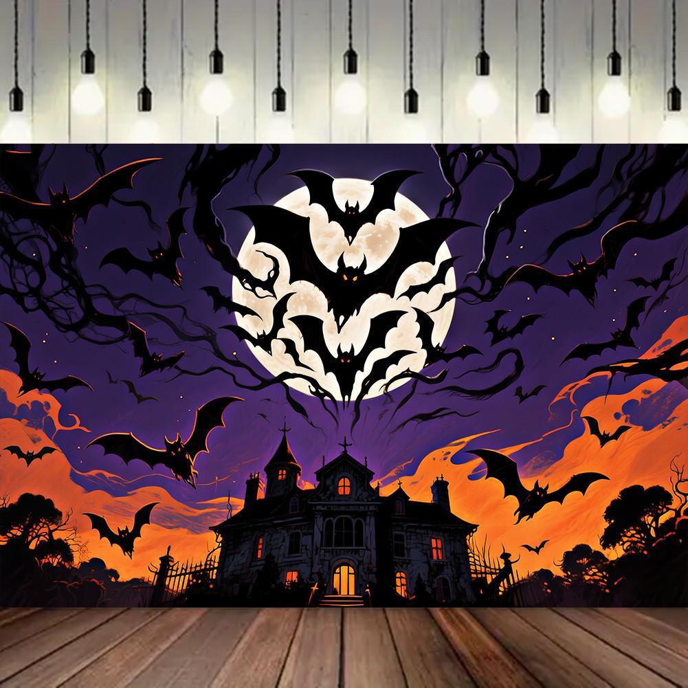 Scary Halloween Backdrop Banner-Castle with Bats&Full Moon for Indoor/Outdoor Parties,Graduation,Halloween Decor,Event