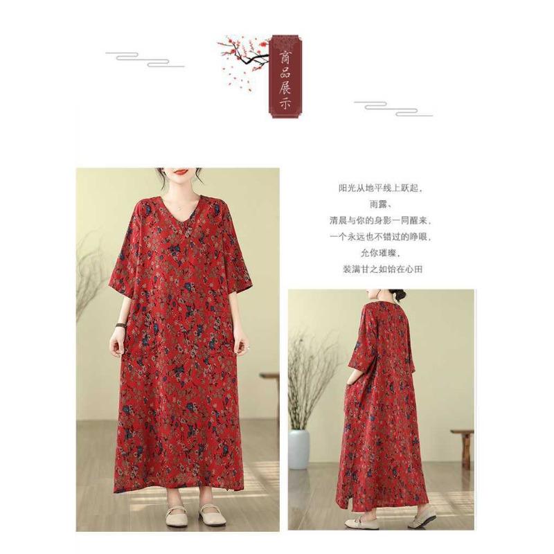 2025 Literary Retro Travel Plus Slim Cotton V-Neck Dress