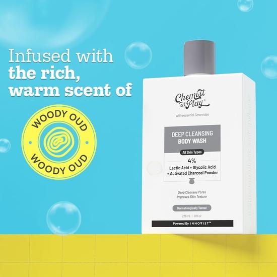 Chemist At Play Tiefenreinigendes Duschgel| Aktivkohle entfernt Schmutz | Milchsäure für die Hautstruktur| Glykolsäure für Peeling| 236ml