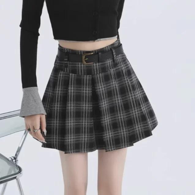 Dámská sukně s vysokým pasem, kostkovaná, plisovaná, áčkového střihu - Retro podzimní/zimní styl, zeštíhlující, zakrývající boky, krátká délka