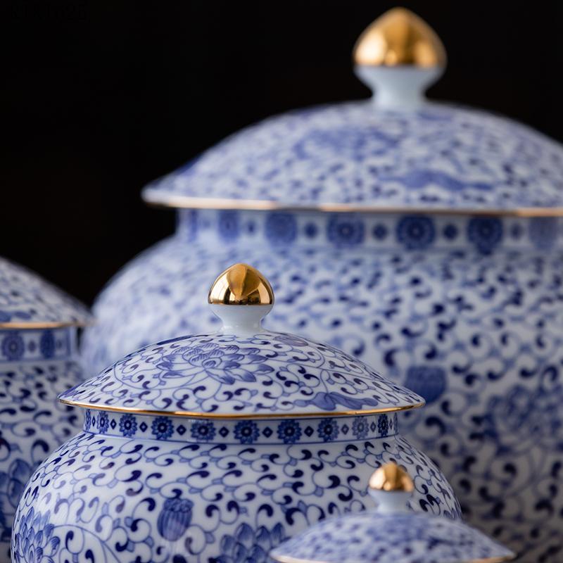 Antikk Blå og Hvit Porselen Oppbevaringskrukkelokk Gullbelagt Oppbevaringsbeholder Husholdning Stor Kapasitet Forseglet Keramisk Tebeholder