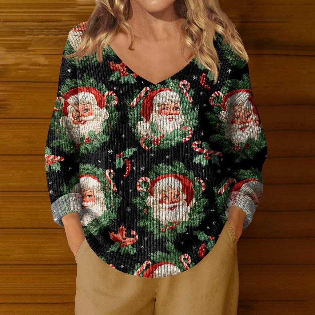 Women's Casual V-Neck Long Sleeve Knitted Christmas Print Pullover