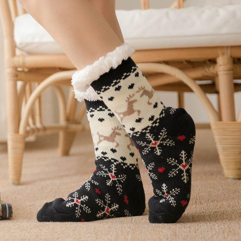 Women's Winter Velvet and Thick Christmas Glue Non Slip Home Sleeping Moon Floor Socks