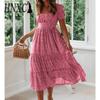 HNXC Summer Love Polka Dot Dress Women Casual A-Line Short Sleeve Square Collar Ruffle Midi Dress Chiffon Red Black Blue Green