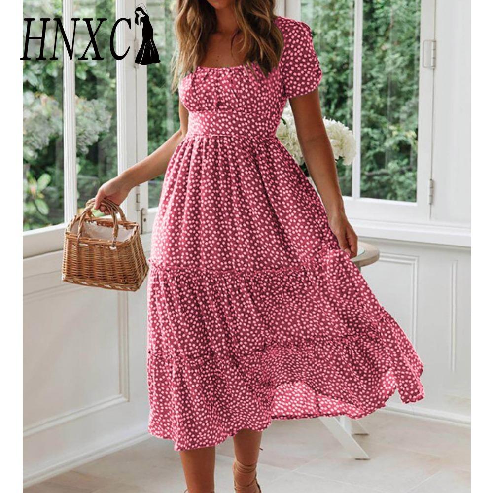 HNXC Summer Love Polka Dot Dress Women Casual A-Line Short Sleeve Square Collar Ruffle Midi Dress Chiffon Red Black Blue Green