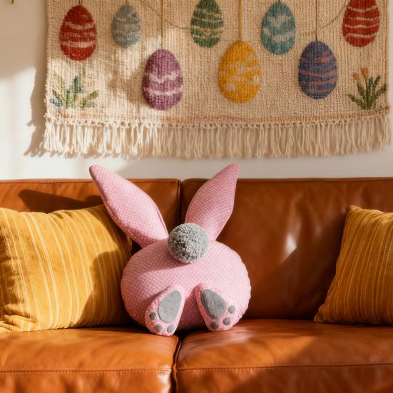 Poduszka Króliczka Wielkanocnego Różowa Poduszka Króliczka z Długimi Uszami Puszysty Ogon Urocze Stópki Pluszowa Zabawka Królik w Kropki Poduszka do Rzucania na Domową Sofę Kanapę Samochód