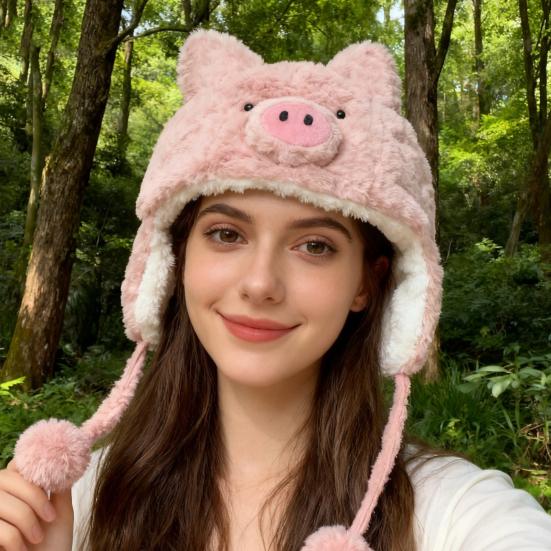 Winter Hat Cartoon Pig Shape Soft Plush Thermal Insulation Hat Autumn Winter Thickened Warm Ear Protection Hat Headwear