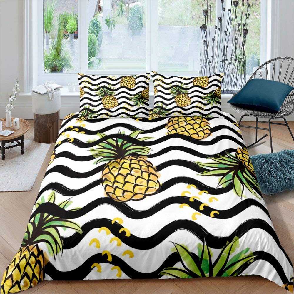 Funny Pattern Pineapple Bedding Set Decor Quilted 3 Piece Cover Set With 2 Pillow Shams, Twin Full Queen King Size Room Decor