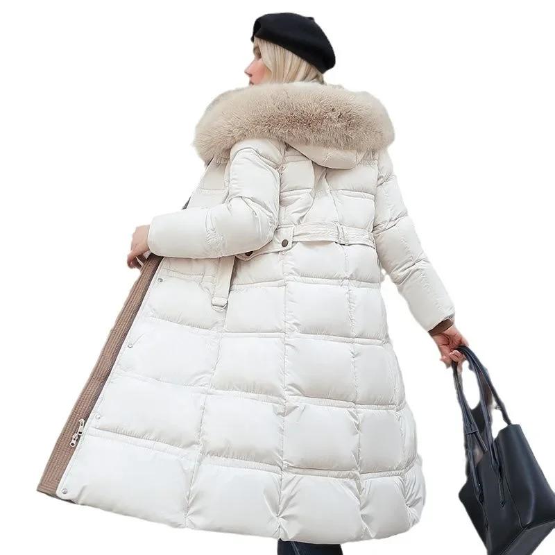 Damen Neue Jacke Parkas Pelzkragen Daunen Baumwolljacke Winter Kapuze Langer Parka Warm Weibliche Gepolsterte Jacke Lässige Oberbekleidung