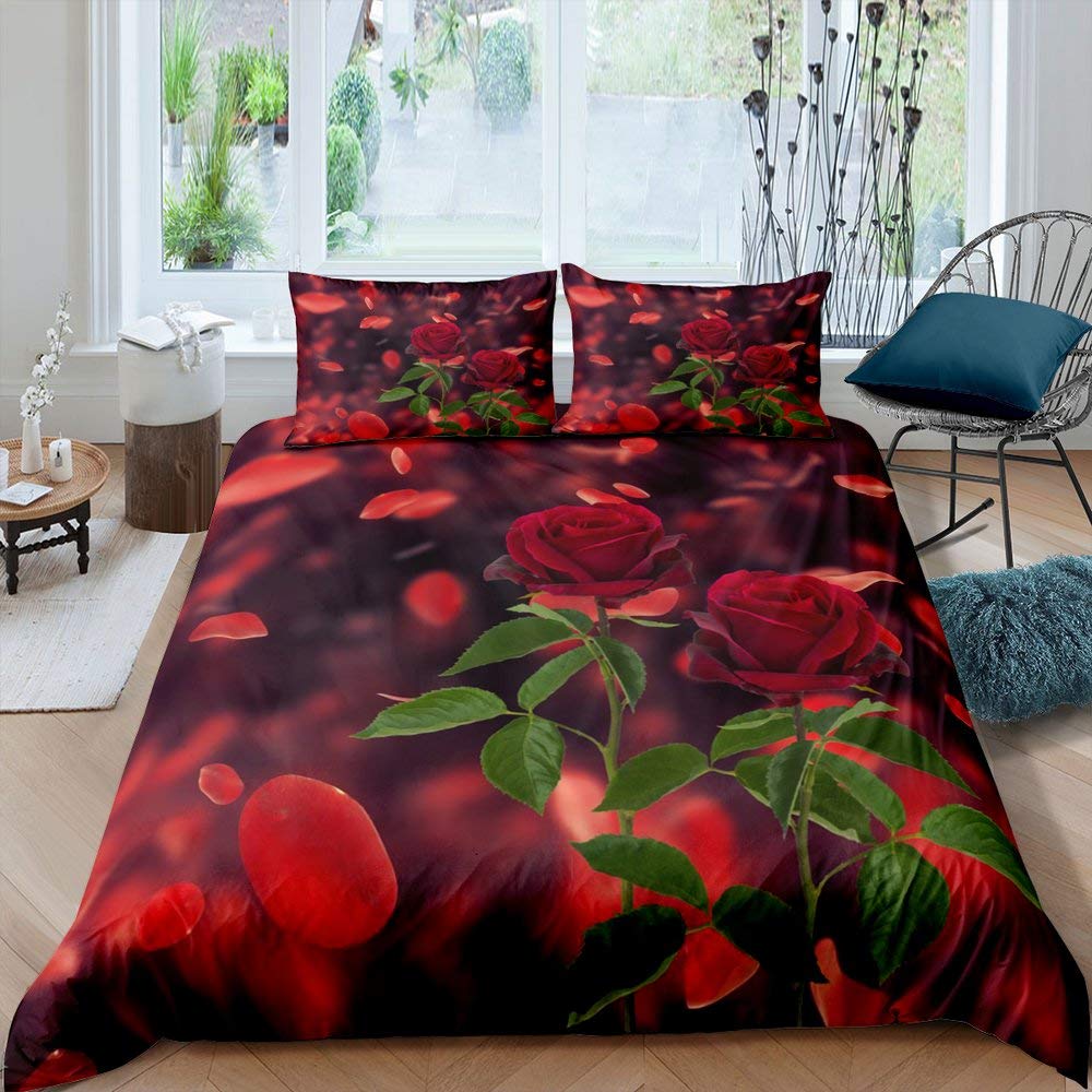 Ensemble Housse de Couette Rose Rouge Ensemble de Literie Imprimé Fleur de Rose Style Romantique Frais Taille King Housse de Couette avec Taies d'Oreiller pour Amoureux