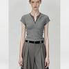 Ice silk front shoulder short-sleeved t-shirt women's summer new fashionable versatile slim-fitting thin gray v-neck Spice Girl knitted top