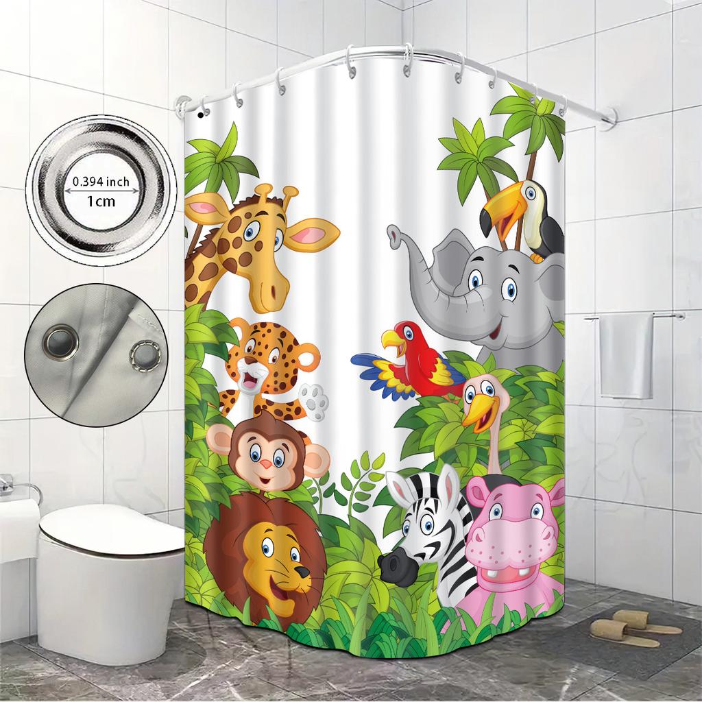 1pc Zoo Printed Waterproof Shower Curtain Bathe Partition Privacy Hanging Curtain with 12 Hooks Multiple Sizes Machine Washable