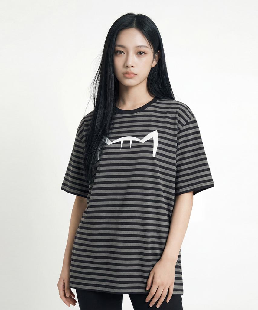 Kikimimi Striped Kitty Big Logo T-Shirt (Black)
