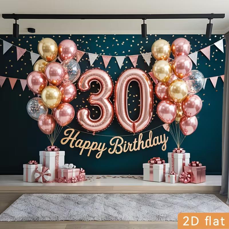 Sfondo fotografico 2D per 30° compleanno Sfondo verde acqua con Palloncini e Regali Rose Gold