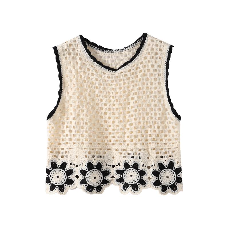 Hollow Out Knitted Sets for Women Sleeveless O-neck Short Vest Crochet Embroidery Flower Knitting Pants Elegant Women's Sets Simple Vintage 2 Piece