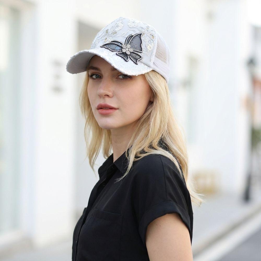 Trendy Mesh Women's Baseball Cap Black Rhinestone Butterfly Decor Sun Hat Breathable Adjustable Peaked Cap Spring Summer Autumn